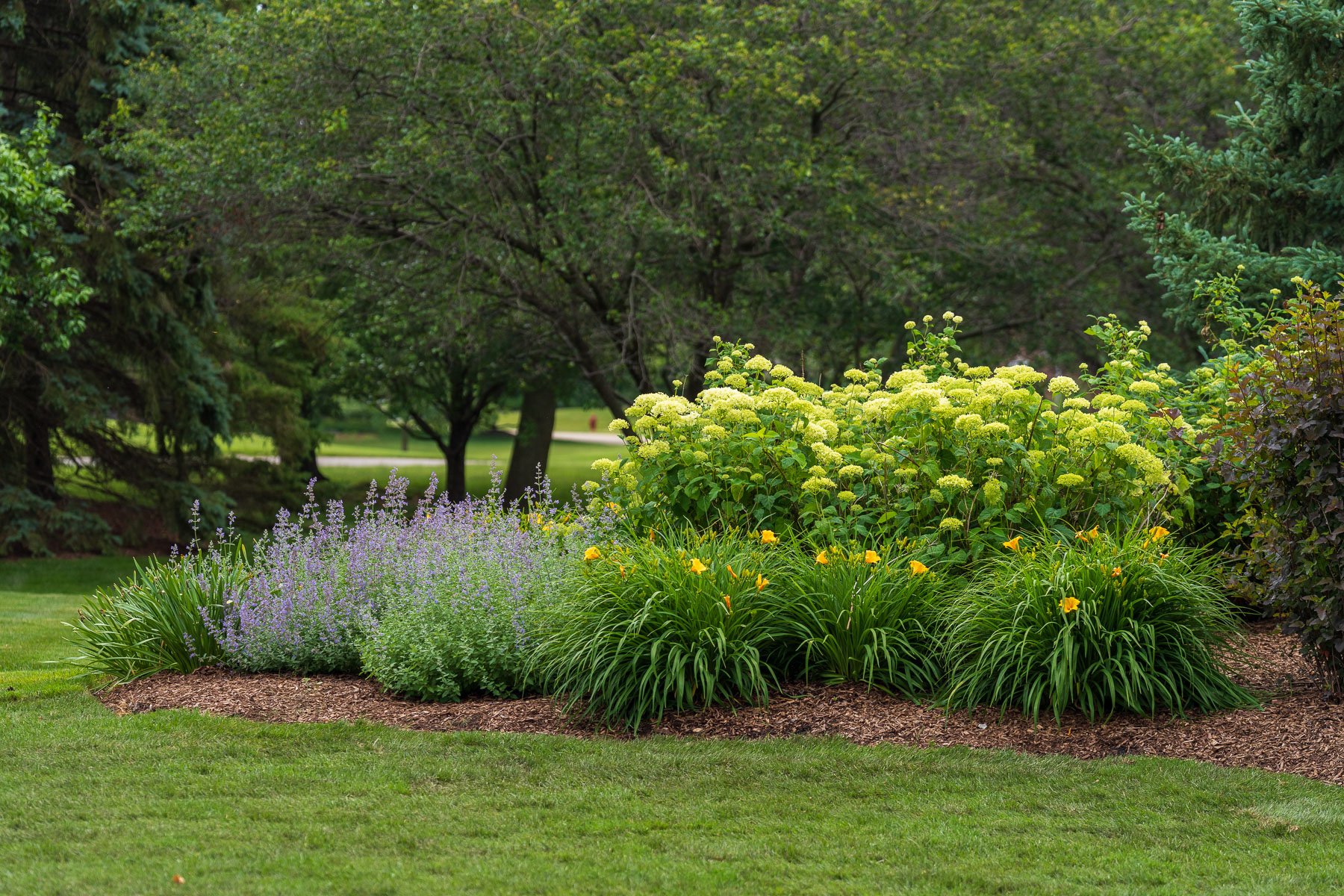 landscape beds along green lawn