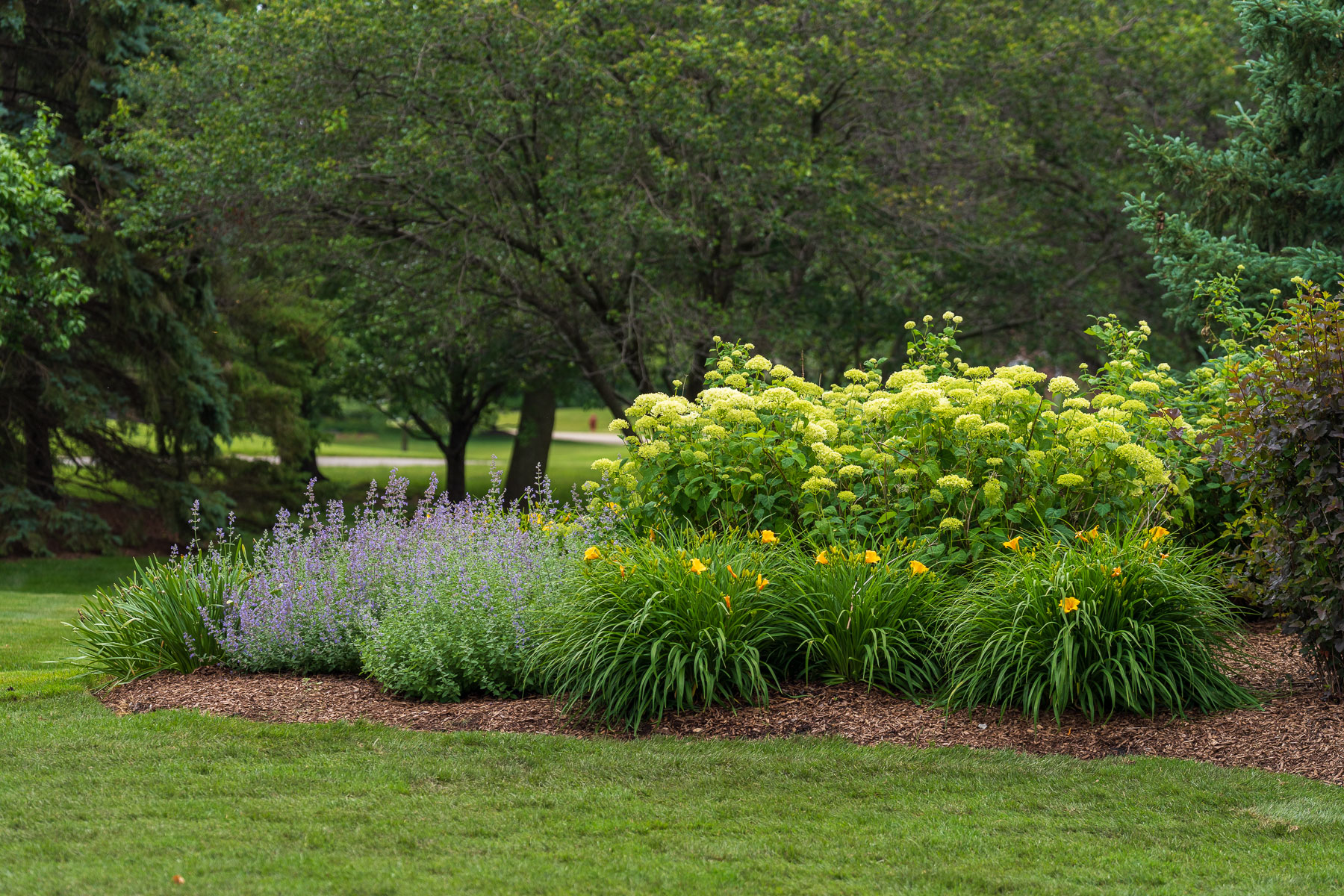 landscape beds along green lawn