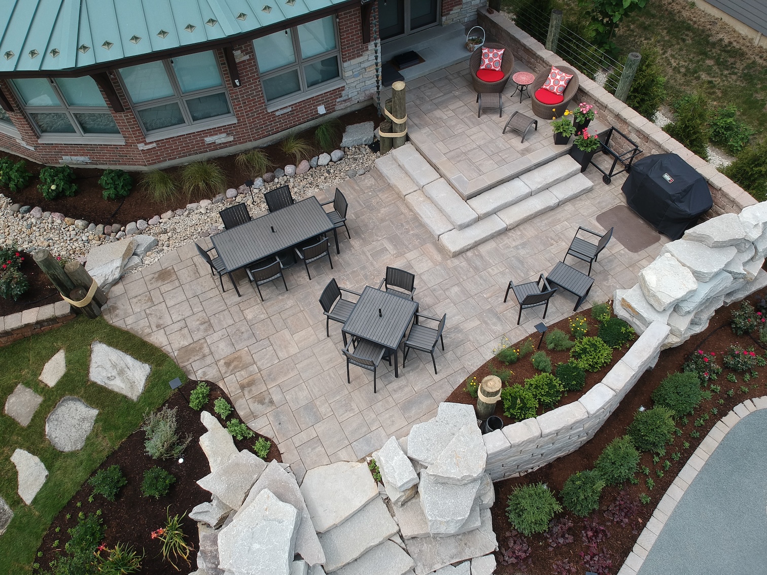 Fisher Burton Aerial view patio landscape ebds retaining wall